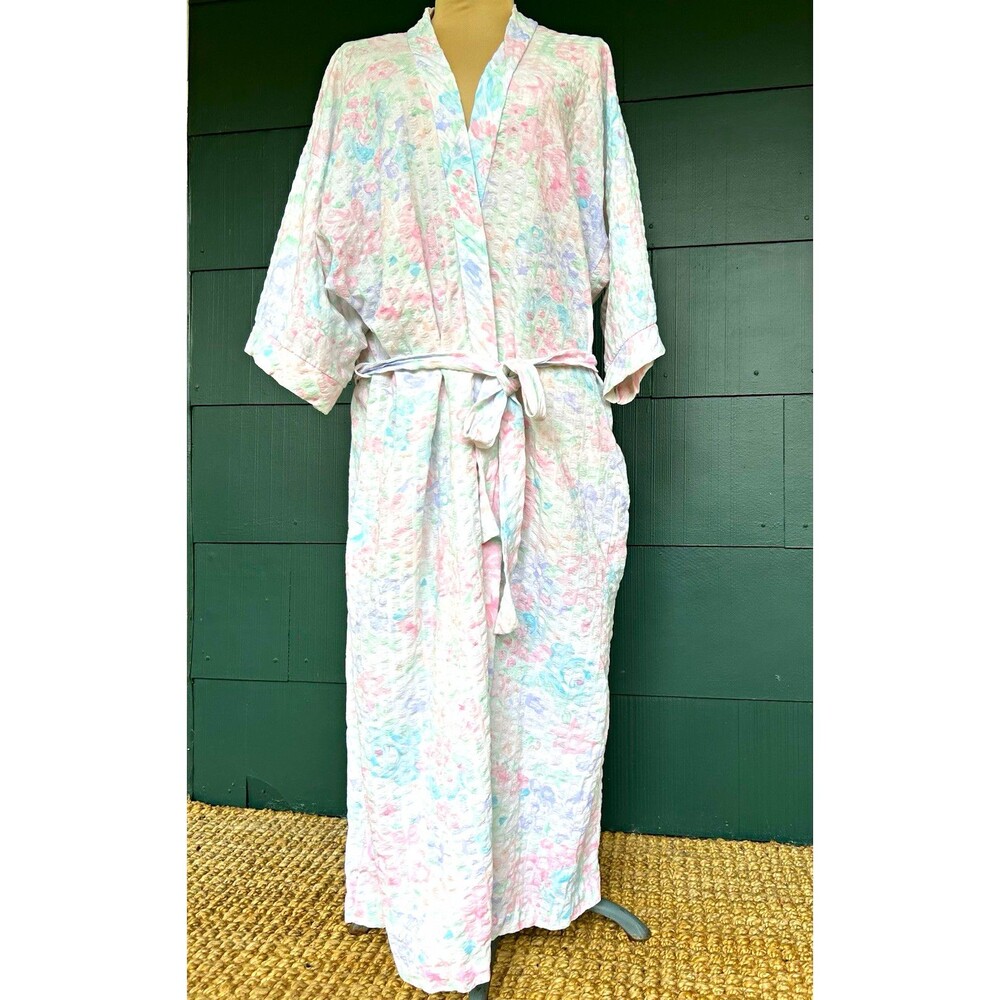 Vintage 80s Miss Elaine Floral Wrap Kimono Robe Belt Pastel Watercolor USA Large